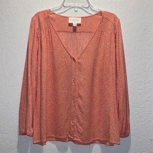 French Grey Women’s Tunic V-Neck Long Sleeve Coral and White Dot Blouse Boho SM.